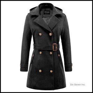 Wool Pea Coat with Detachable Hood, Double Breasted Trench Coat for Winter